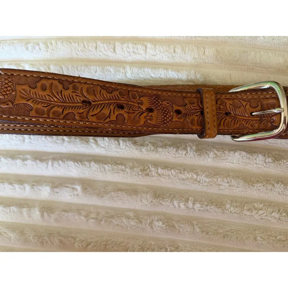 Vintage Tooled Leather Western Belt Size 36 37 38 - Floral Embossed Cowhide 1970
